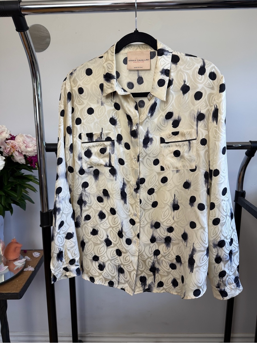 Erika Cavallini Silk Polka Dot Button Front Blouse Size 44 Made in Italy